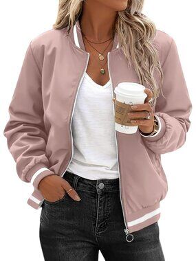 Women's Pink Polyester Zip Up Sweatshirt Long Sleeve Casual Bomber Jacket